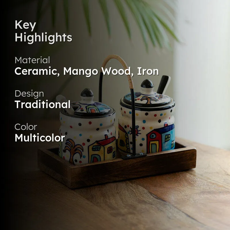 Sweet Home Handpainted Condiment Jar With Tray (280 Ml) - Five Piece Set media 2