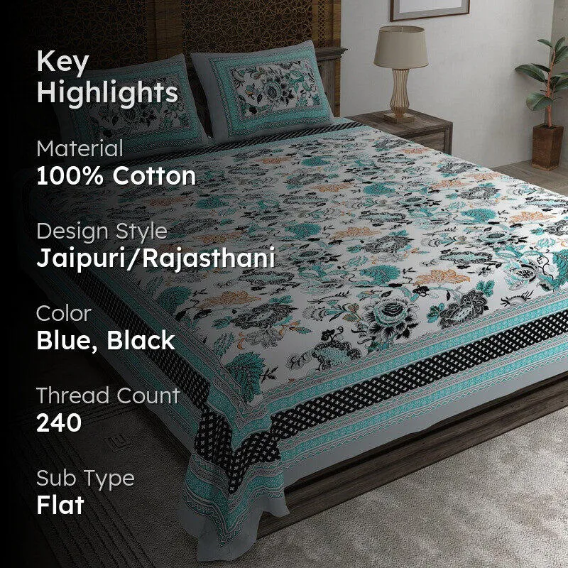 Tonear Cotton Bedsheet (Blue,Black) - 240 TC media 2