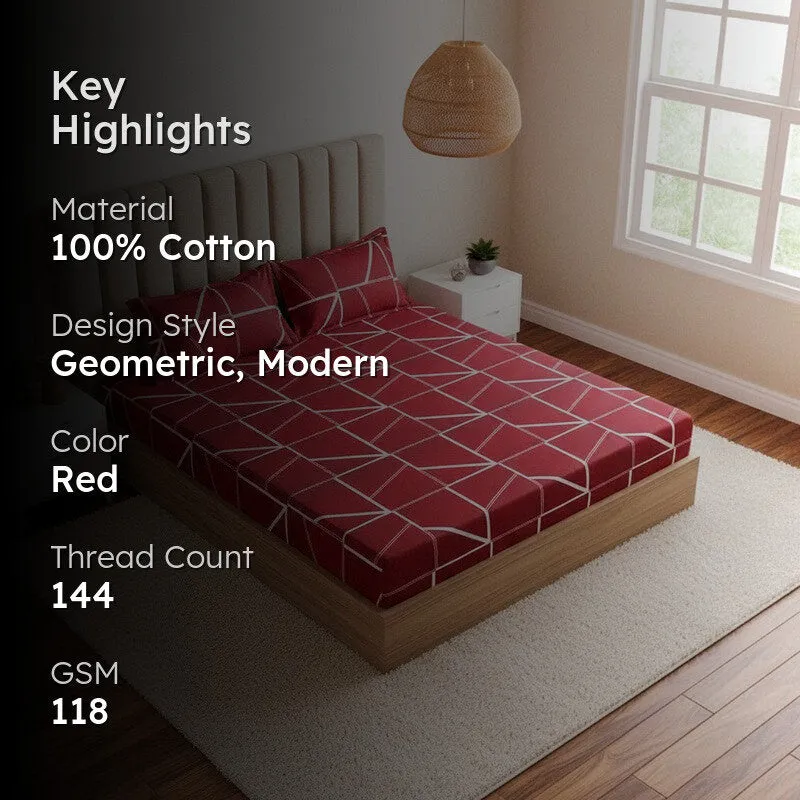 Manal Geomatric Neon Print Cotton Bedsheet s(Red) - 144 TC media 2