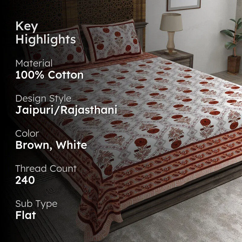 Vineen Cotton Bedsheet (Brown,White) - 240 TC media 2