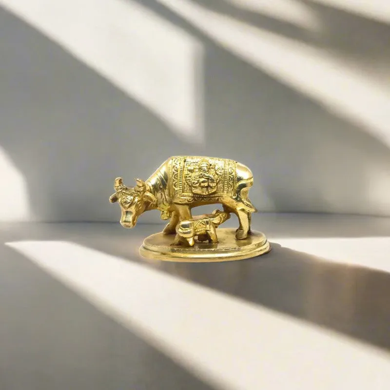 Kamadhenu Cow and Calf Brass Showpiece - Gold media 5