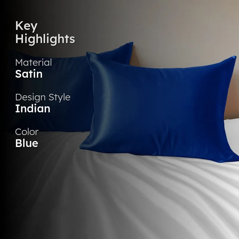 SilkenAura Satin Pillow Cover with a Scrunchy (Blue) - Set Of Two media 2