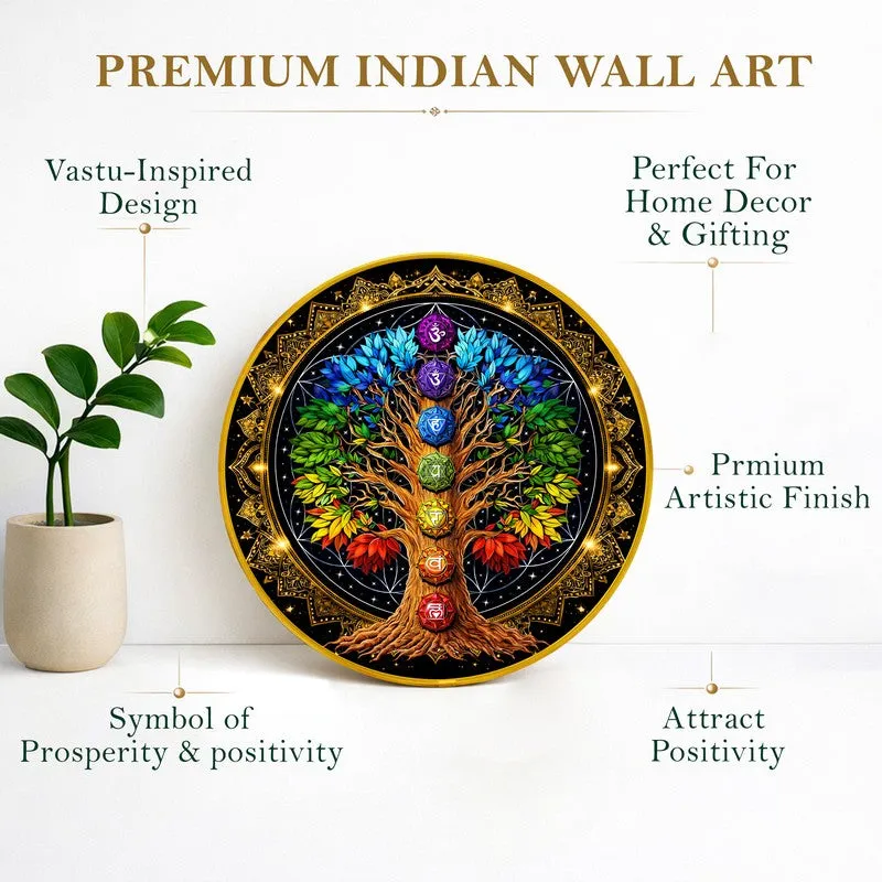 Promotional layout featuring round chakra tree wall art with decorative callouts around it