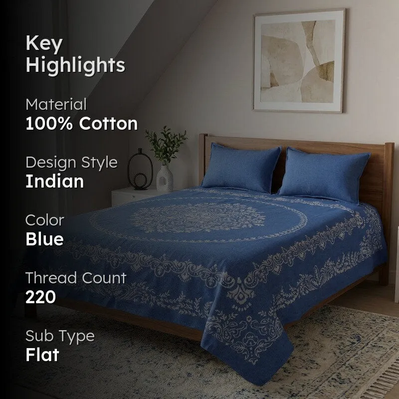 Ethnic Serenity Cotton Bedsheet (Blue) - 220 TC media 2