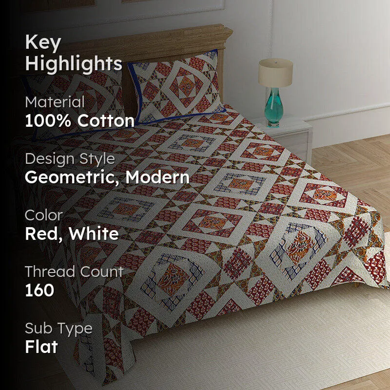 Adire Geometric Cotton Bedsheet (Red & White) - 160 TC media 2