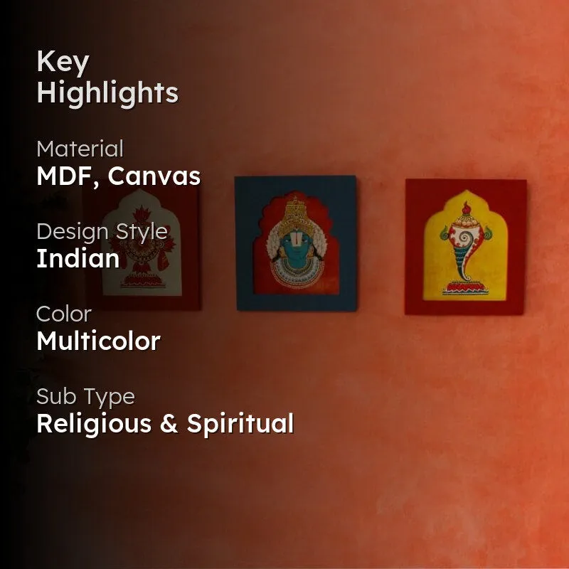 Three colourful spiritual wall accents shown with material and style highlights