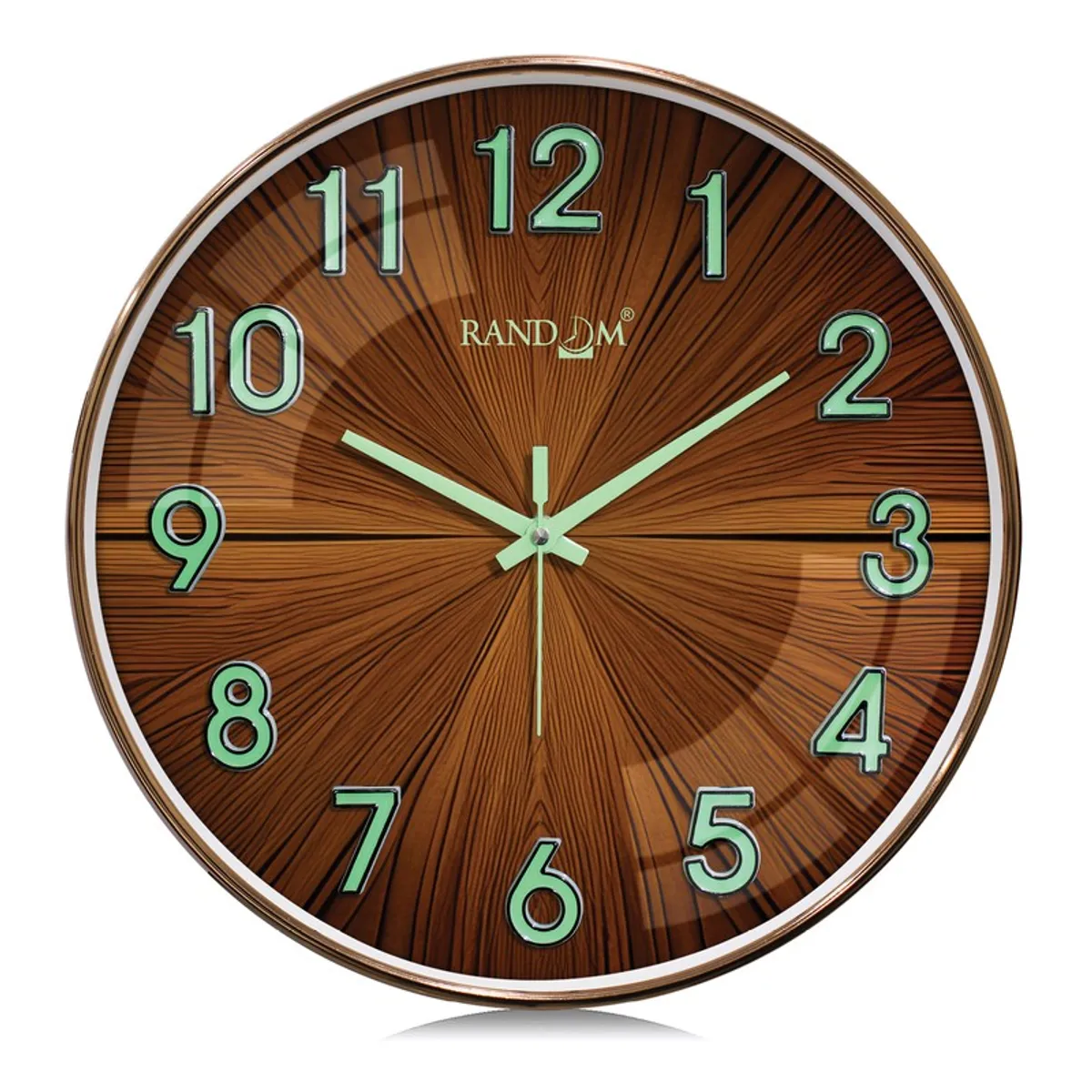 Close-up of the round brown clock face with raised luminous numbers