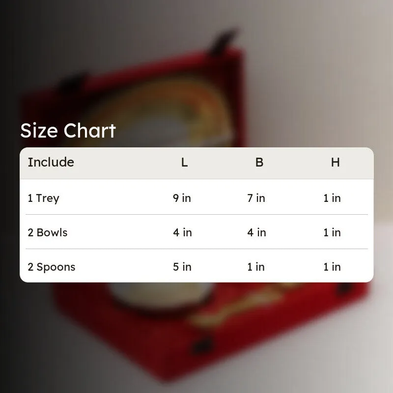 Size chart graphic for tray, bowls and spoons