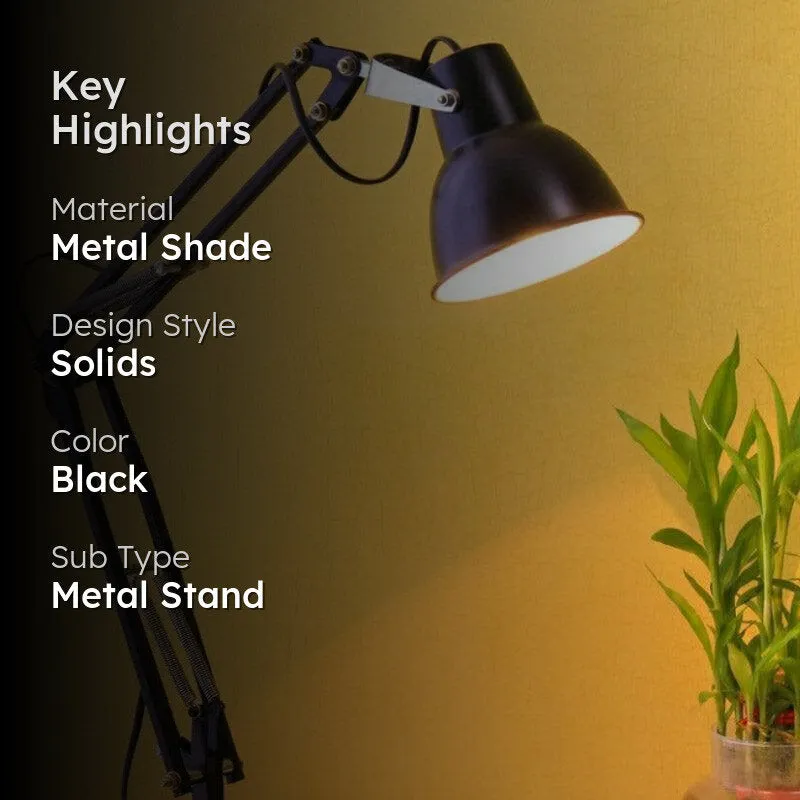 Black adjustable study lamp with metal stand and bell-shaped shade