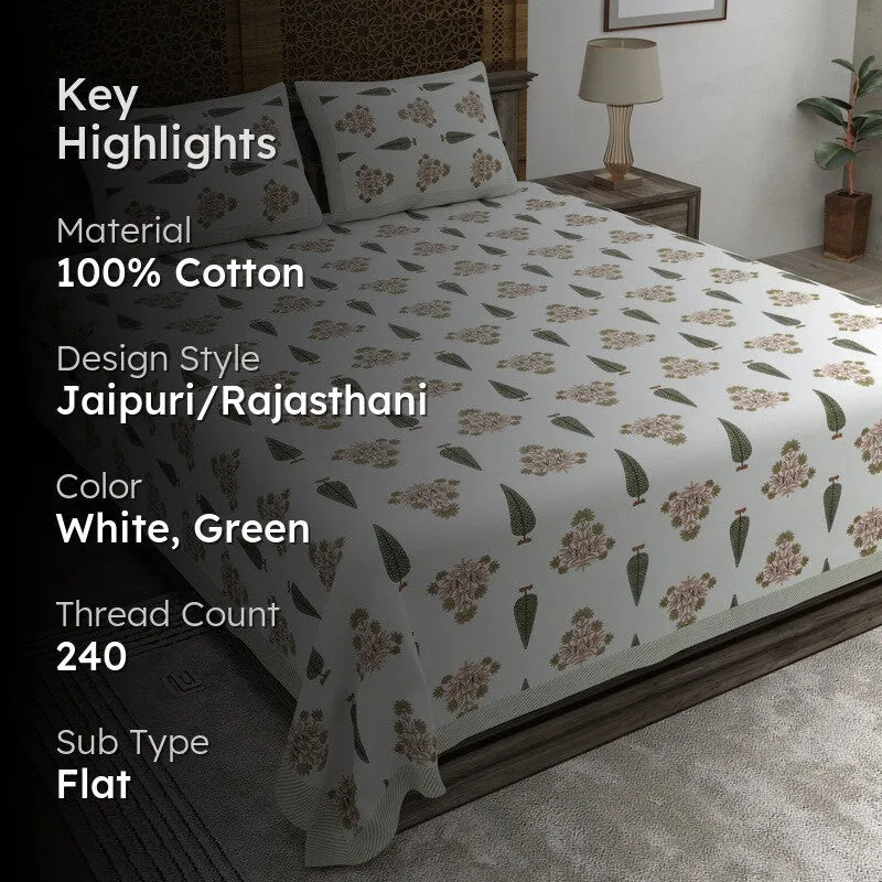Desia Cotton Bedsheet (White,Green) - 240 TC media 2