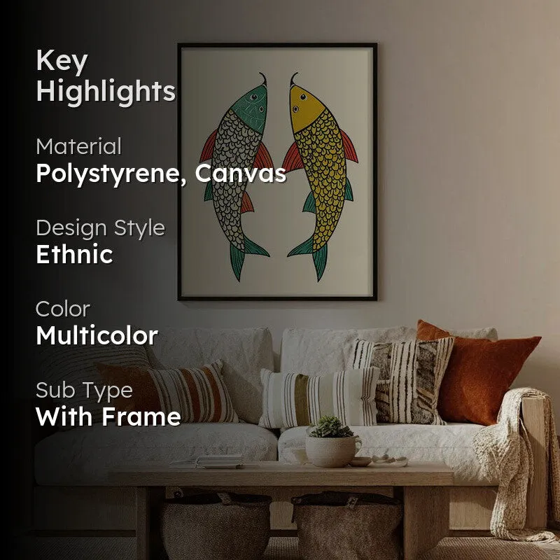 Twin Fish Folk Art Canvas Wall Painting With Black Frame media 2