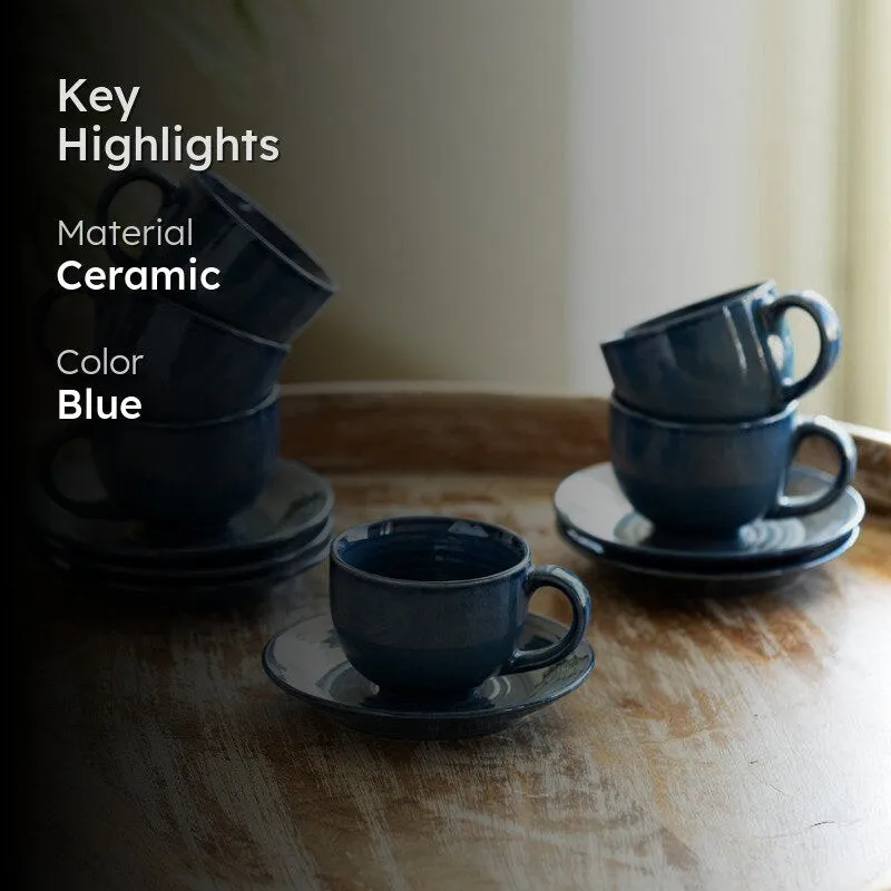 Sininen Handglazed Ceramic Tea Cup With Saucer (120 ML) - Twelve Piece Set media 2