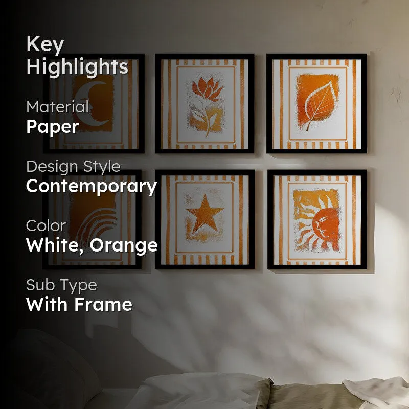 Celestial Orange Paper Wall Painting With Frame - Set Of Six media 2