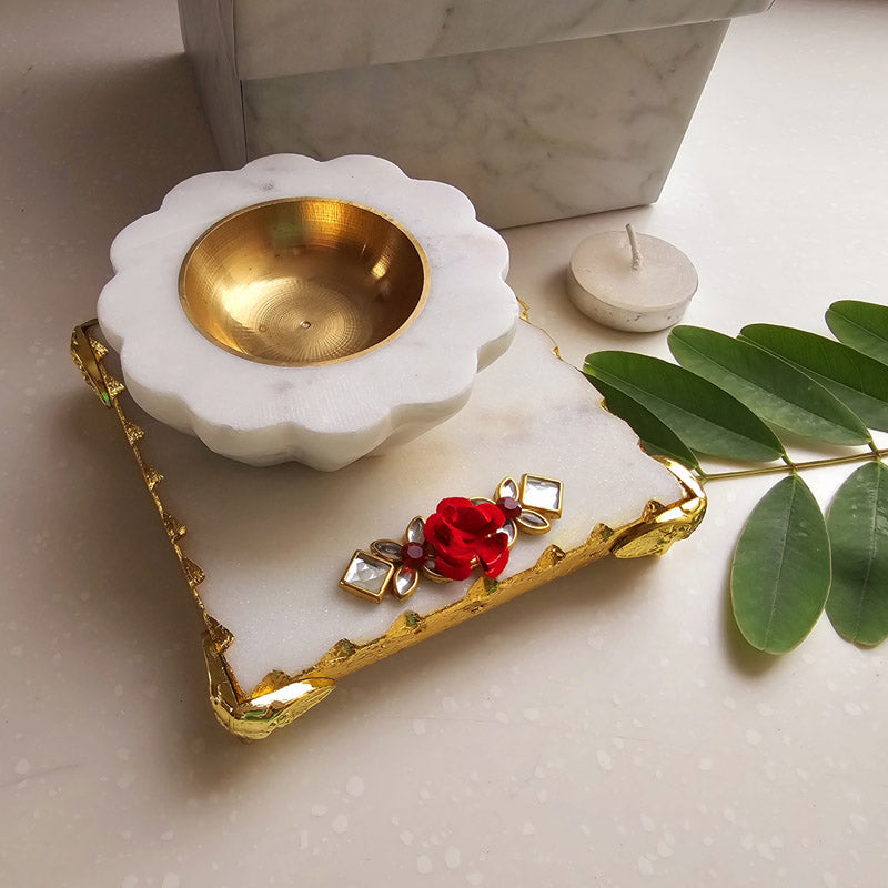 Harshita Handcarved Floral Diya With Brass Bowl media 7