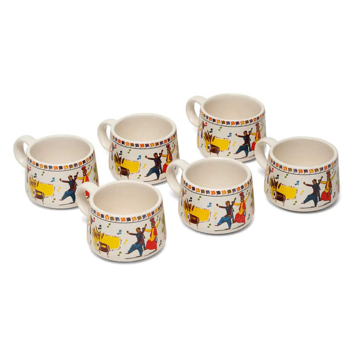 Six matching cream tea cups with colourful dancer and music illustrations
