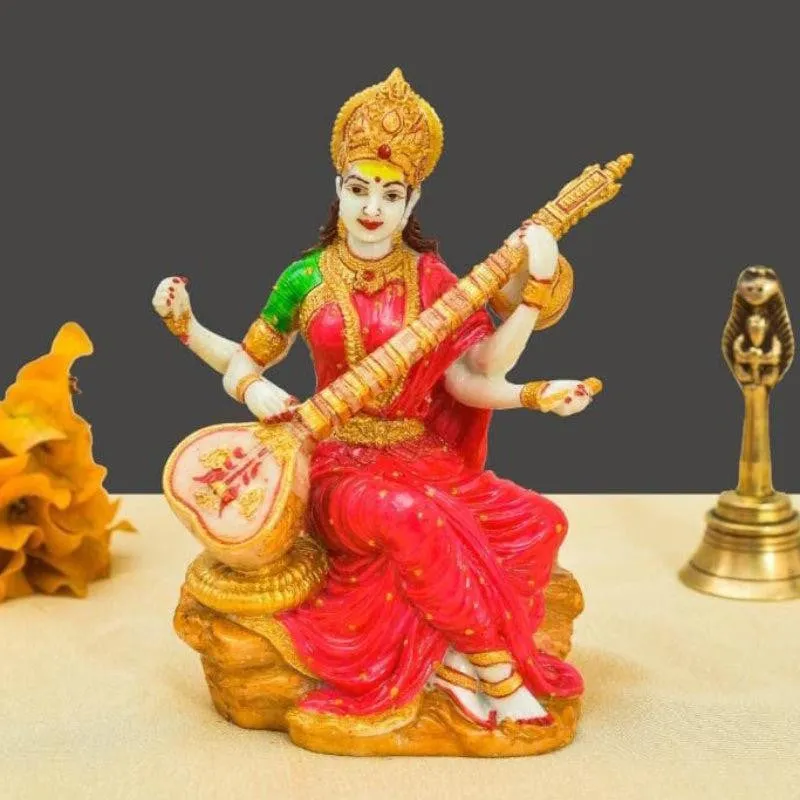 Shri Saraswati Marble Idol - Red & Brown media 1