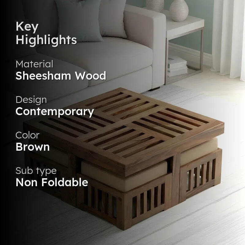 Gaviron Sheesham Wooden Center Table with Stools and Cushions (Light Brown) - Nine Piece Set media 2