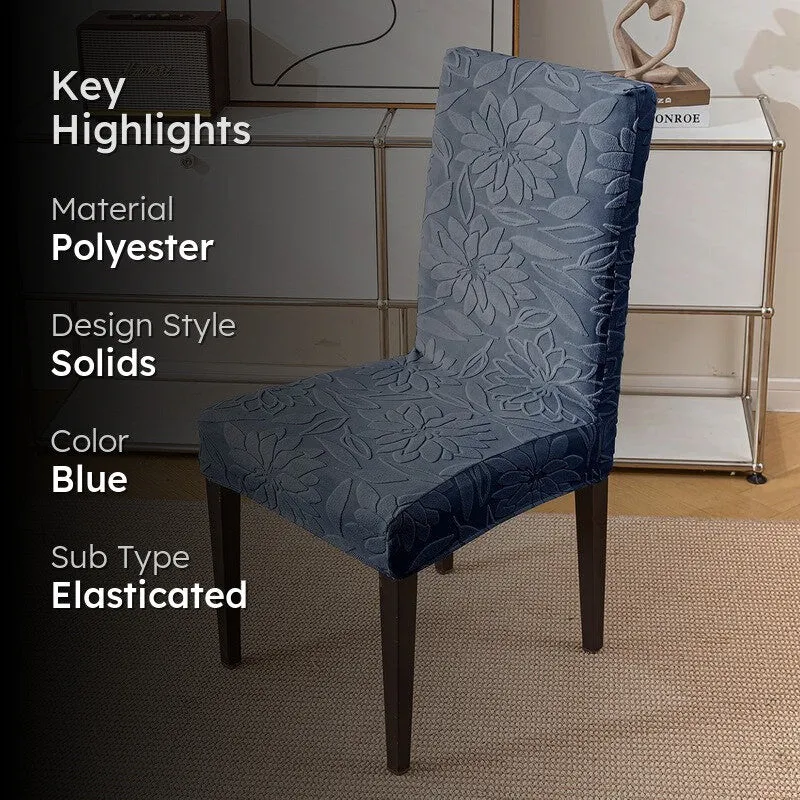 Blue chair cover on dining chair with key highlights text overlay