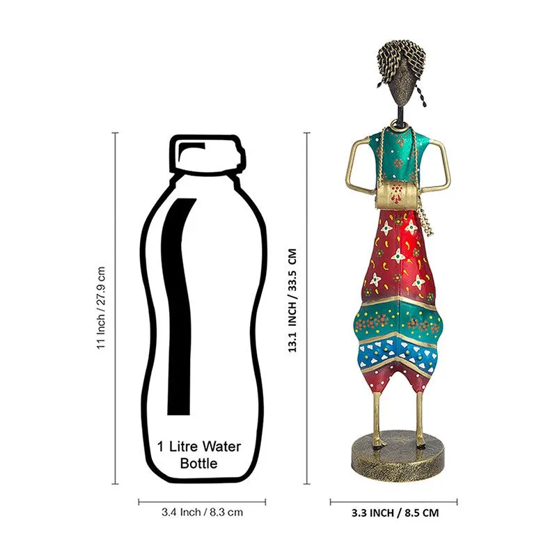 Folk Lady Dholak Player Iron Showpiece - Red,Green media 7