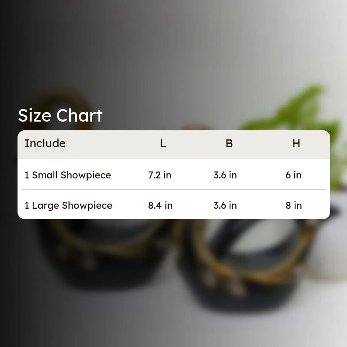 Blurred background image of the swan showpieces with a size chart overlay.
