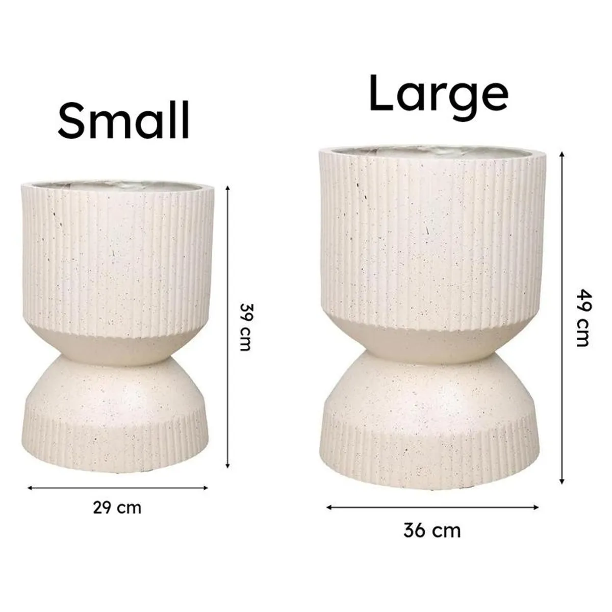 Small and Large off-white planters shown with their size comparisons.