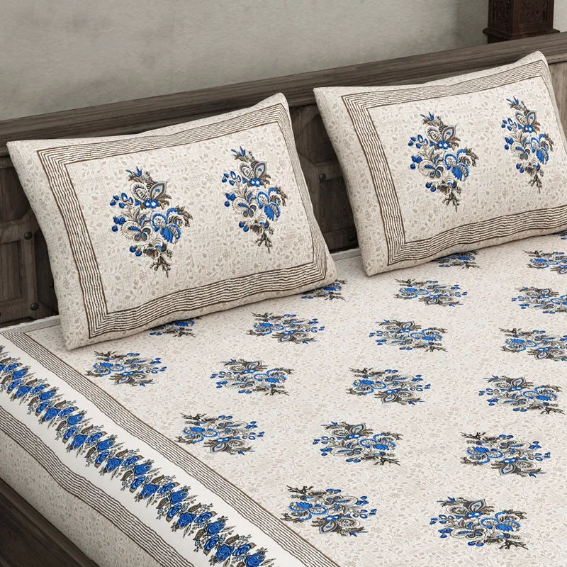 Ahana Floral Printed Cotton Bedsheet (Blue) - 144 TC media 3