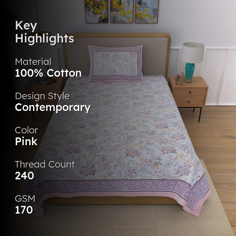 Fabrelle Floral Cotton Bedsheet (Pink & White) - 240 TC media 2