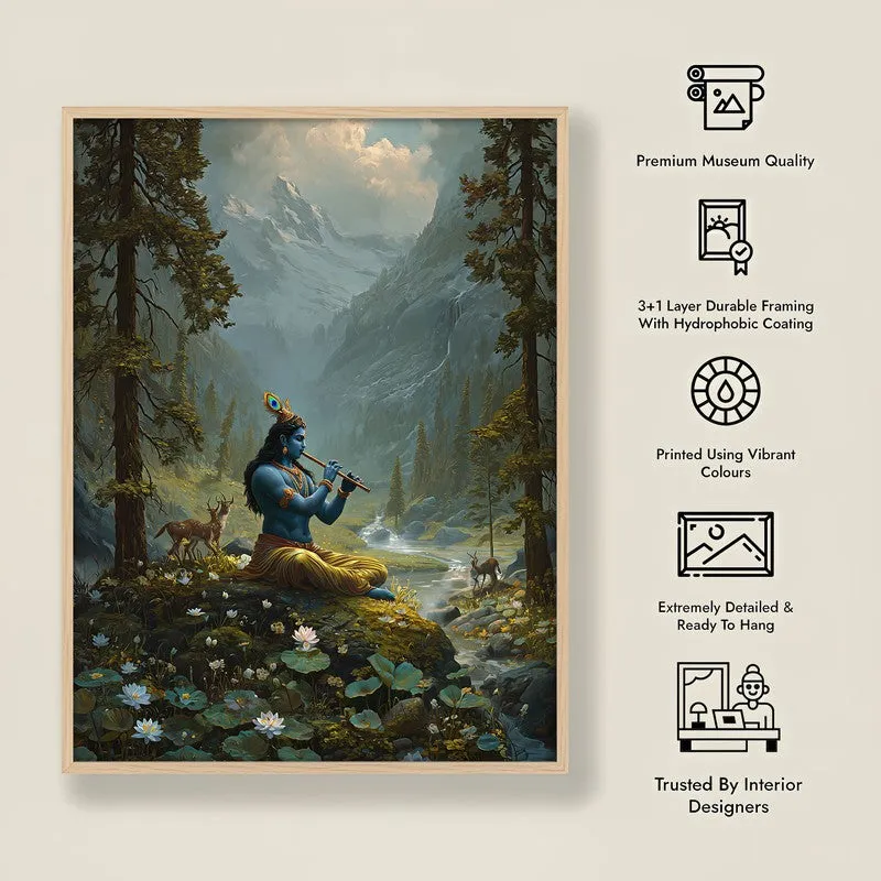 Vrindavan Bihari Lord Krishna Playing Fluit II Archival Paper Wall Art - Natural Brown Frame media 8