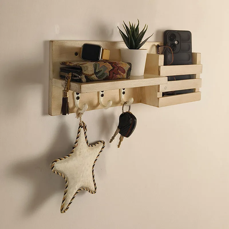 Ananta Wooden Wall Shelf Organiser with Key Holders media 4