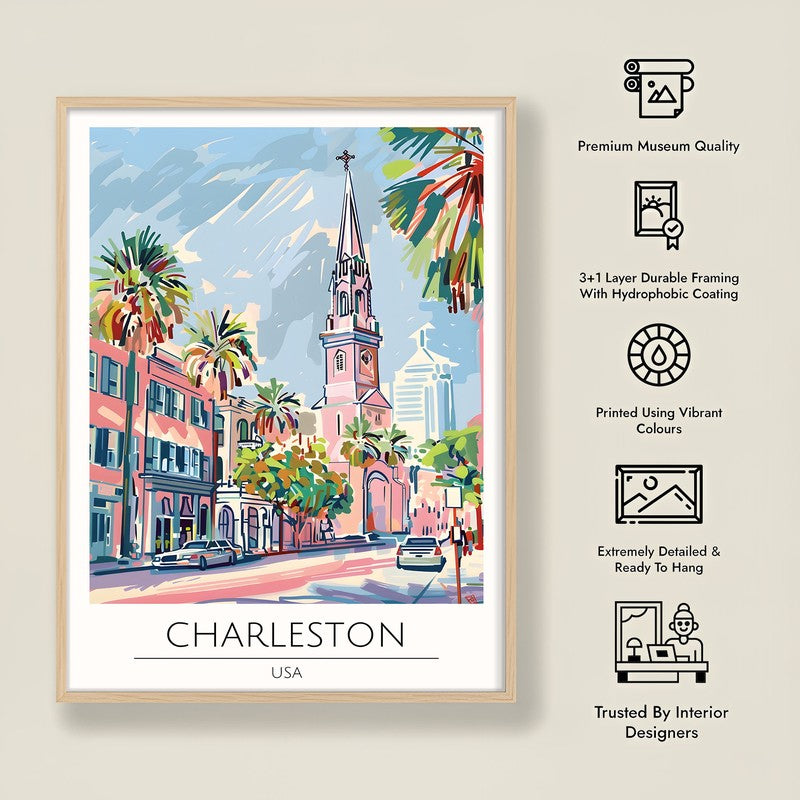 Vintage Charleston Framed Canvas Archival Canvas Wall Painting - Natural Brown Frame media 8