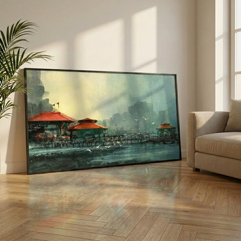 Misty Harbor Retreat Canvas Wall Painting With Frame