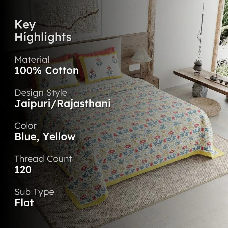 Rang Harmony Cotton Bedsheet (Blue,Yellow) - 120 TC media 2