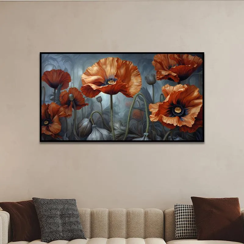 Gloomy Rust Poppies Floral Canvas Wall Painting With Frame - Black media 1