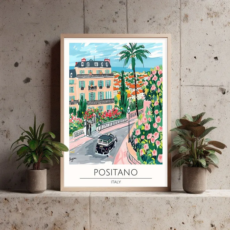 Vintage Positano Framed Canvas Archival Canvas Wall Painting - Natural Brown Frame media 3