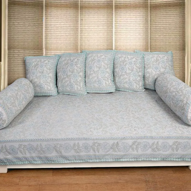 Neeraja Floral Diwan Set (Blue) - Eight Piece Set media 1