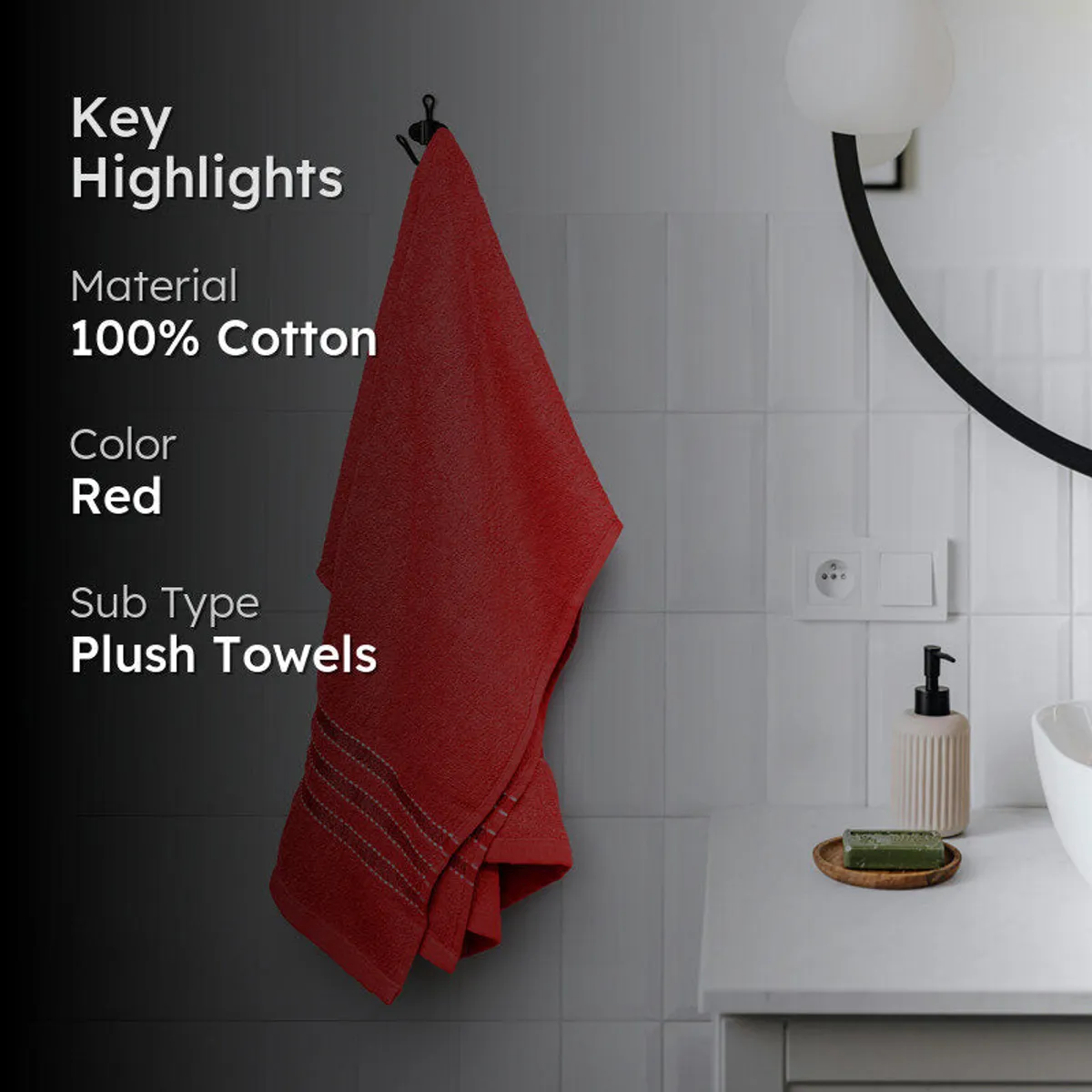 Red plush bath towel shown hanging in a modern bathroom