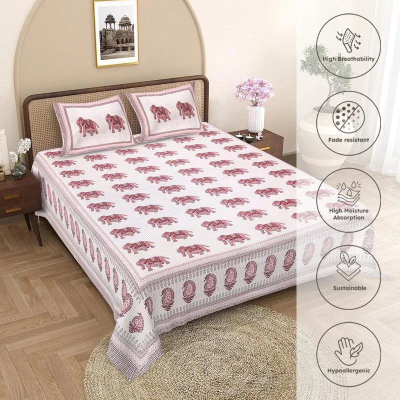 Viraj Ethnic Cotton Bedsheet (White,Pink) - 180 TC media 3