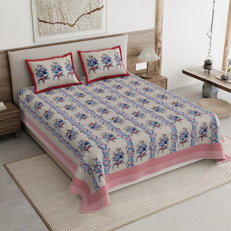 Rang Grace Cotton Bedsheet (Grey,Blue) - 120 TC media 1