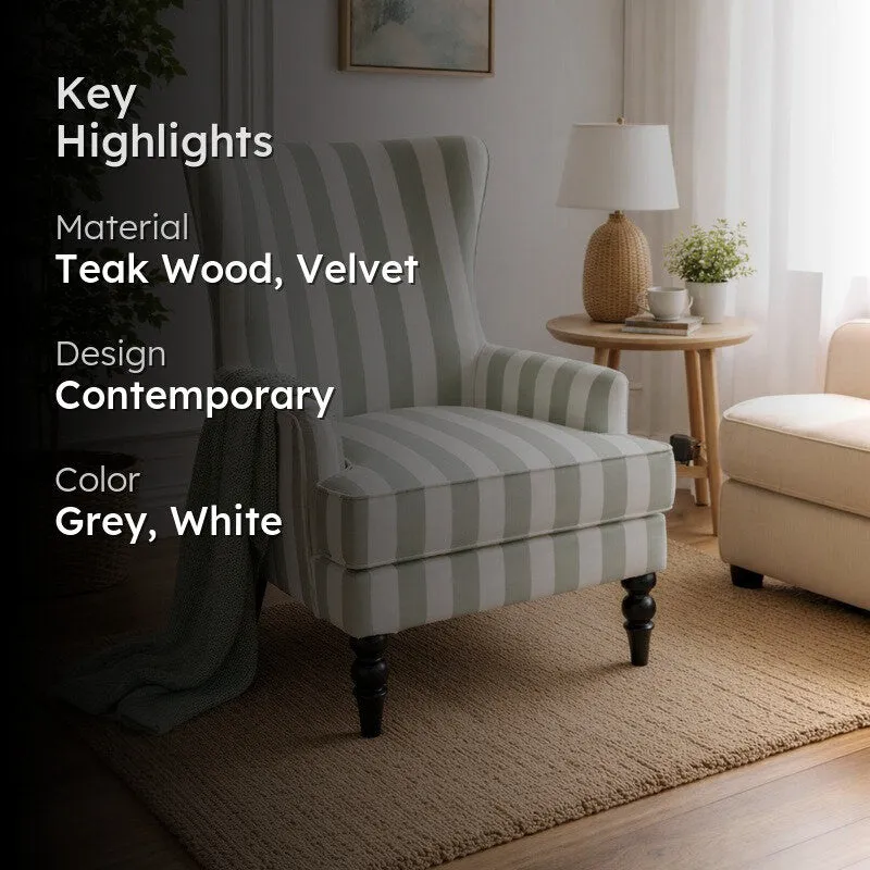 Sage Ivory Teak Wood & Velvet Striped Upholstered Lounge Chair media 2