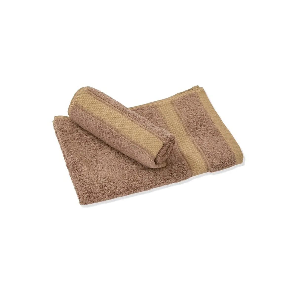 Rolled and spread beige-brown towels on a white background