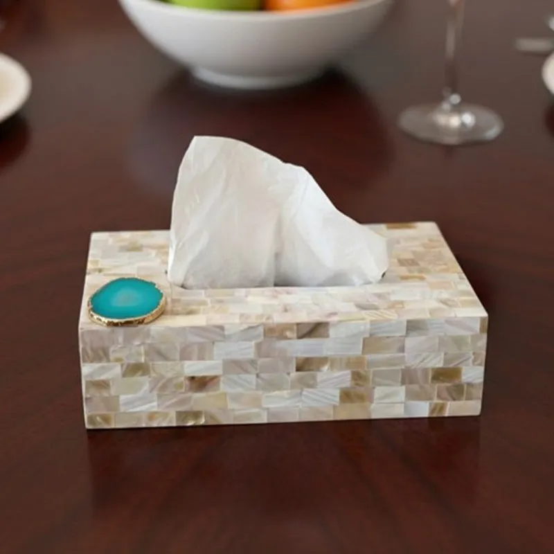 Suzzaine Handcrafted Mother Of Pearl & Agate Tissue Box - Turquoise & Beige media 1