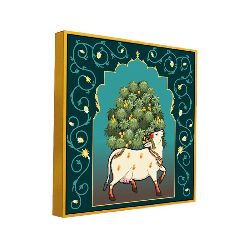 Cow In Grove Canvas Wall Painting With Frame - Gold media 3