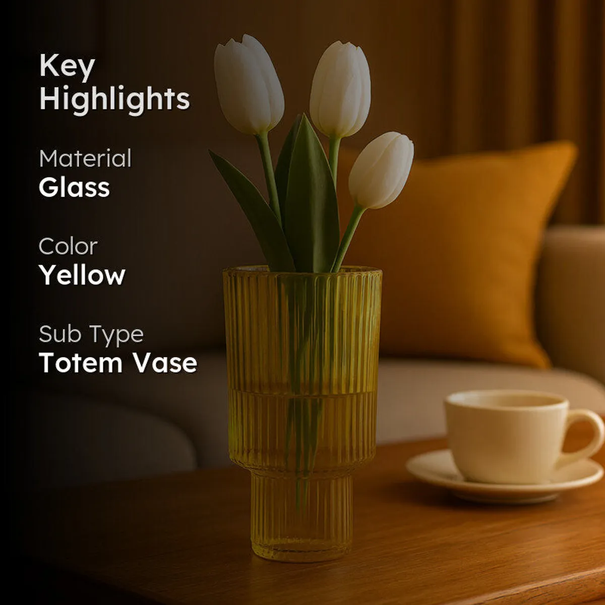 Yellow ribbed glass totem vase styled on a coffee table