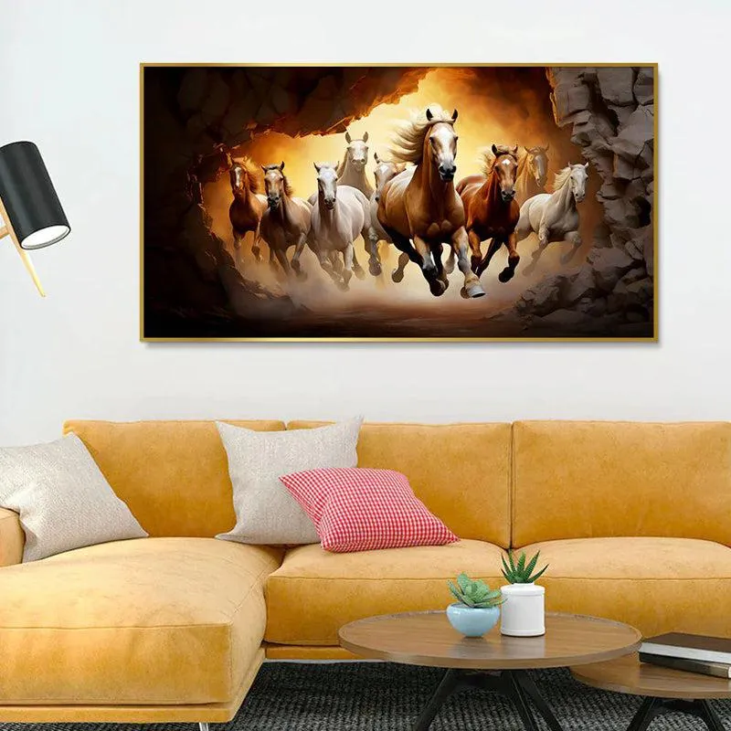 Sunlit Stallions Canvas Wall Painting With Frame - Gold media 1