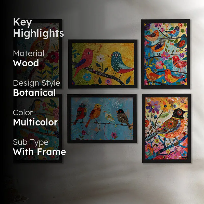Six framed bird artworks displayed on a wall with a dark overlay panel at left.