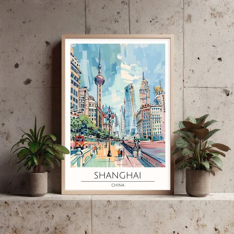 Vintage Shanghai Framed Canvas Archival Canvas Wall Painting - Natural Brown Frame media 3