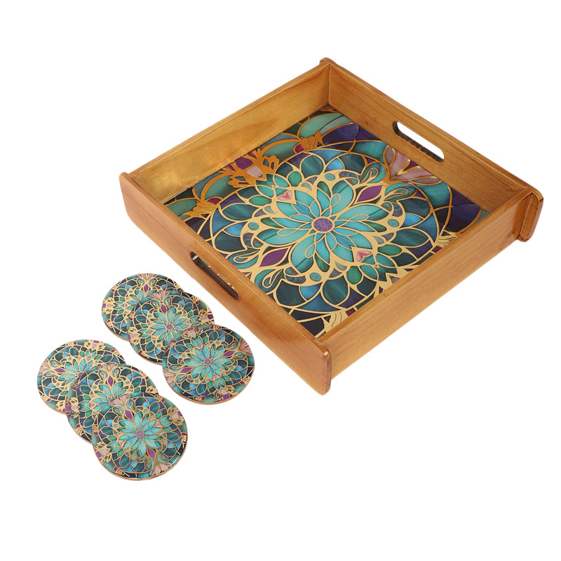 Floral Feast Wooden Serving Tray With Coaster - Seven Piece Set media 3