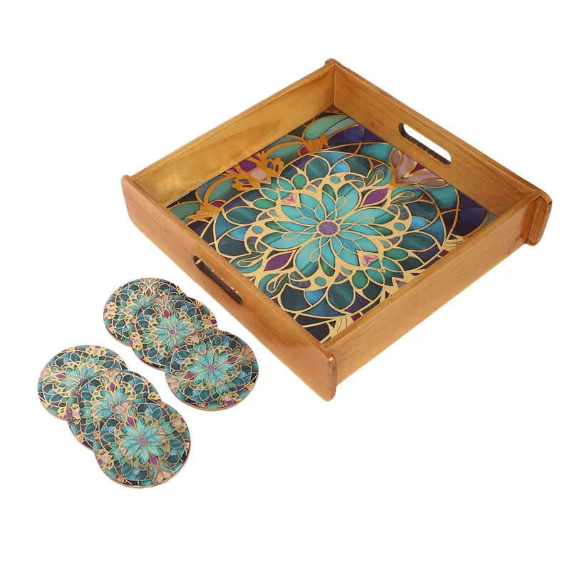Floral Feast Wooden Serving Tray With Coaster - Seven Piece Set media 3