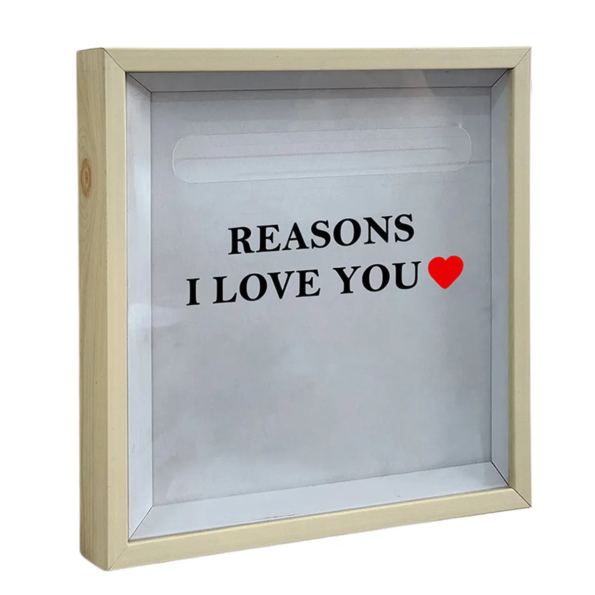 Empty beige shadow box showing transparent front and Reasons I Love You text