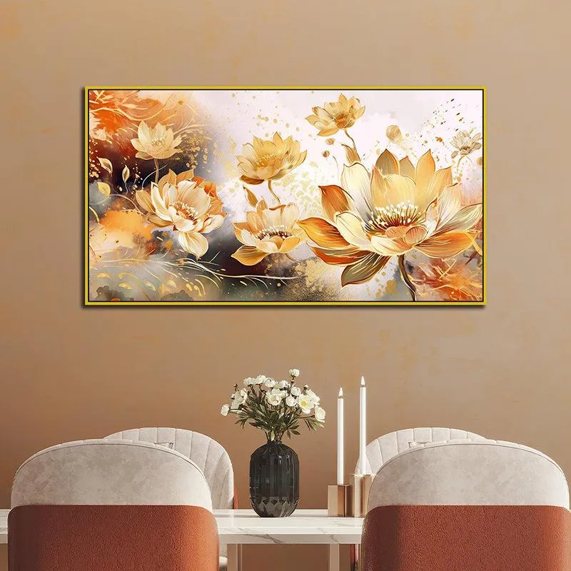 Celestial Water Lilies Floral Canvas Wall Painting With Frame - Gold media 5